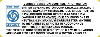 MGB Emissions Decal - 1970