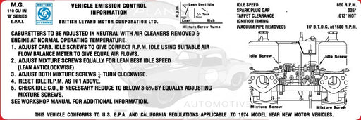 MGB Emissions Decal -1974, HIF, White Background