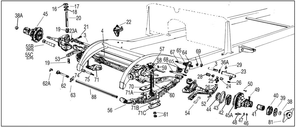 mg tc front end and steering parts diagram