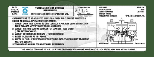 MGB Emissions Label -1974, HS4 Carbs