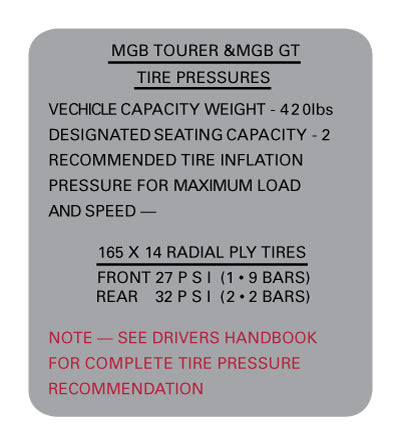 MGB Late Model Tire Pressure Decal
