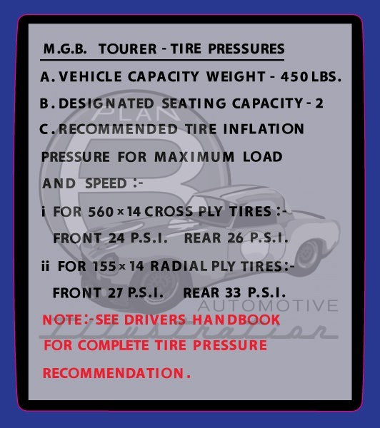 MGB Tourer Tire Pressure Decal (early)